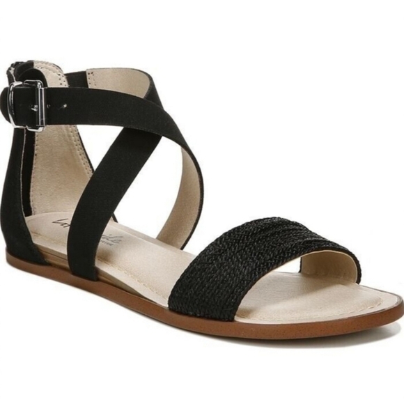 LifeStride Riley Women's Black Rope & Canvas Buckle Flat Sandals, Size 8M - Picture 1 of 9